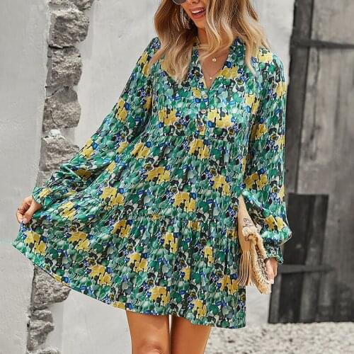 Khalee Yose Floral Printed Mini Dress Autumn Loose Long Sleeve Dresses Women Boho Vintage Chic V-neck Ruffles Sexy Ladies Dress