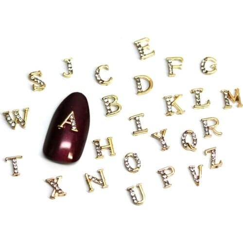 100pcs/lot Wholesale Gold English Letters Alphabet Gems Studded Alloy Rhinestone 3D Metal Nail Charms Design Decal Charm Tool