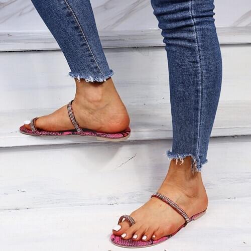 2020 summer new large size fashion flat bottom snake pattern rainbow personality rhinestone sleeve toe female slippers X190