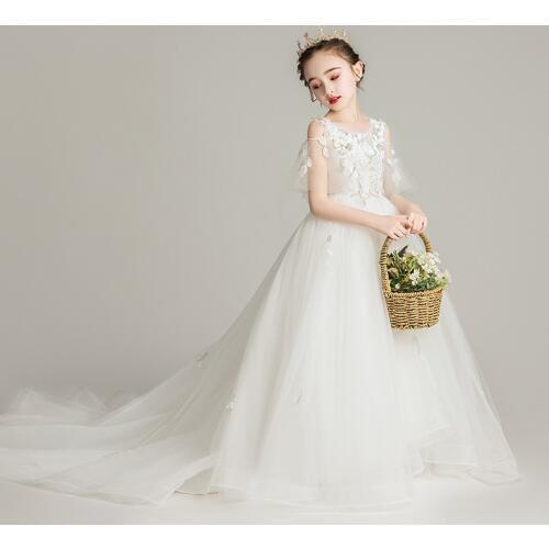 2020 Princess Flower Girl Dresses Leaf Lace Appliques Ruffled Sleeves Little Bride Wedding Party Dress
