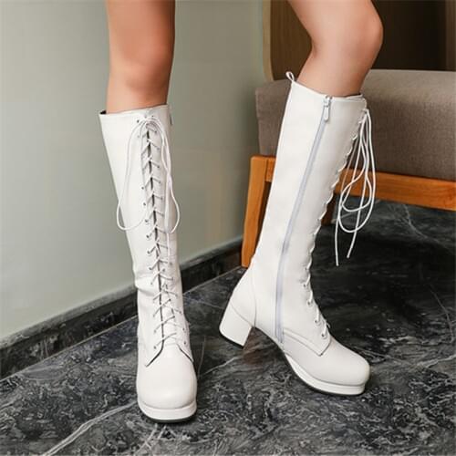2021Women Patent Leather Knee High Boots Women white Pink purple Womens High Boots Block Heels Platform Long Boots Ladies45