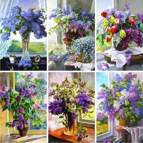 Huacan 5D Diamond Painting Cross Stitch Lilac Diamond Embroidery Mosaic Vase Flower Paintings For Interior Home Decoration