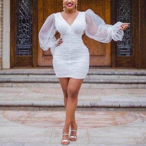 White Mesh Bodycon Dress Women Fashion 2021 Summer Lantern Sleeve V Neck Mini Length Sexy Evening Night Club Wear Dress Clothes