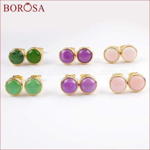 BOROSA New Fashion 5Pairs Natural Stone Gold Color Round Multi-kind Bezel Earrings Druzy Stud Earrings Jewelry for Women ZG0259