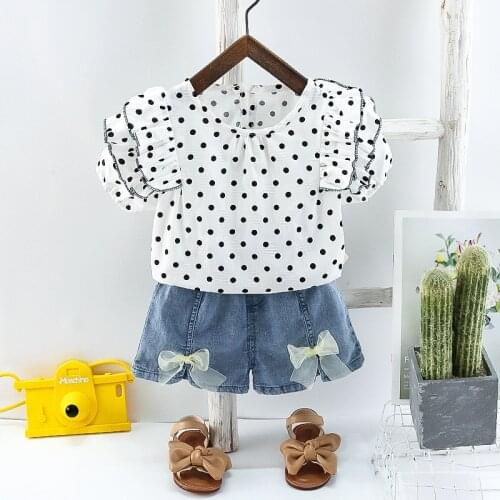 Summer Girls 2Pcs/Set Baby Polka Dot T-shirt + Denim Shorts Kids Suit Children Clothes Cute Mesh Puff Sleeve Cotton 1 -3 Year