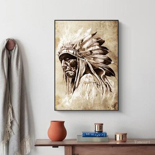 Nordic Home Decor Black & White American Native Indian Portrait Painting Canvas Posters Prints Scandinavian Wall Art Pictures