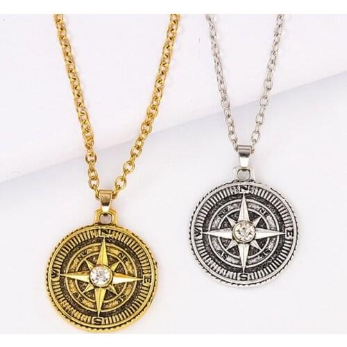 Stainless Steel Classic Antique Compass Necklace Men Star/Letter Necklace Round Jewelry Fashion Necklaces