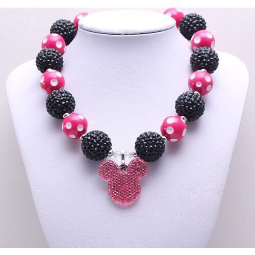 MHS.SUN 2PCS Hot Pink+Black Color Baby Kid Chunky Necklace Cartoon Girl Kids Bubblegum Chunky Bead Necklace Children Jewelry