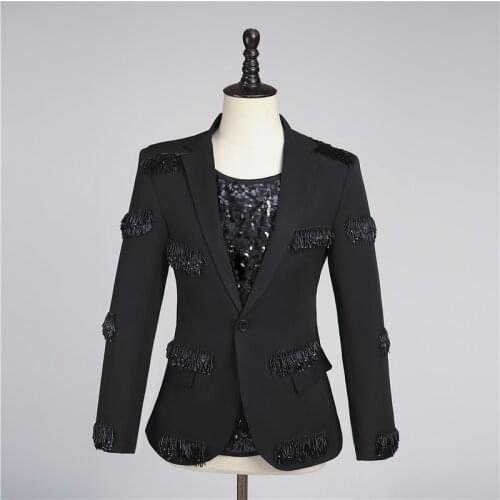 Fashion Men Clothing Singer Black Tassel Suit Outerwear Dancer Dancing Host Magician Party Blazer Jacket Stage Costumes