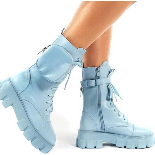 Motorcycle Boots Wedges Flat Boots Woman High Heel Platform PU Leather Boots Lace Up Women Shoes Black Booties Winter Fashion