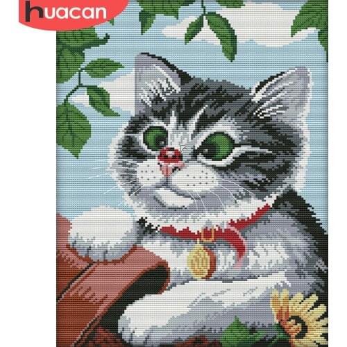HUACAN Embroidery Animal 11CT Cross Stitch Sets Butterfly White Canvas Needlework Handicrafts Cross Stitch Cat 14CT