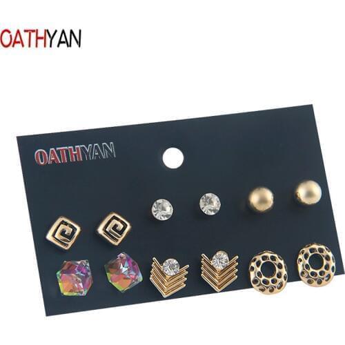 OATHYAN 6 Pairs/Set Punk Geometric Gold Color Alloy Stud Earrings Set Female Colorful Glass Crystal Earring Jewelry Girls Gift