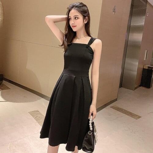 2020 Summer New Korean-style Strap Dress Dresses Robe Femme Ete Off-shoulder Slim Female Hepburn Small Black Dresses Length Age