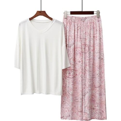 Pijama Mujer Comfortable Modal Cotton Pajamas For Women V Neck 3/4 Sleeve Spring Summer Sleepwear Set Print Loose Home Clothes