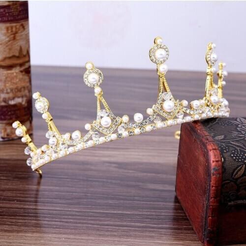 Retro Vintage Pearls Crystal Gold Tiara Crown Princess Noiva Diadem Headdress Wedding Hair Accessories Bridal Jewelry