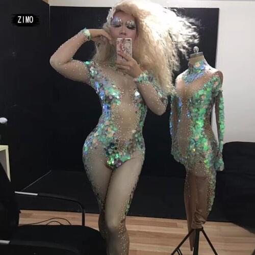 Mermaid Big Sequin Rhinestone Bodysuit Sexy Leggings Crystals Jumpsuit Party nightclub Stage Performance Costume Stretch Rompers