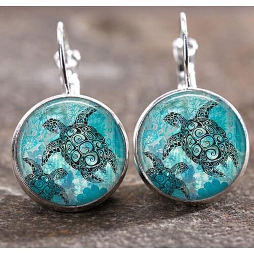 1 pair Blue Sea Turtle Glass Cabochon 18 MM Lever Back Women 2021 Anniversary Earrings Fashion Jewelry