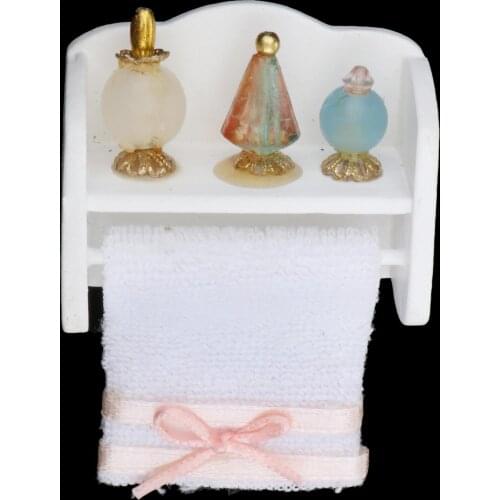 1:12 Scale Dollhouse Modern Vanity Sink Towel Rack with 3pcs Perfume Models White Bathroom Furniture