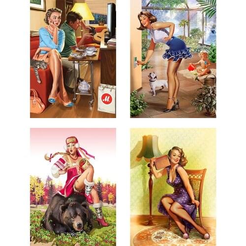 Vintage Soviet Russian Diamond Painting Pin Up Girls Animal Retro Diamond Painting Cross Stitch 5D DIY Wall Decor Mosaic Art