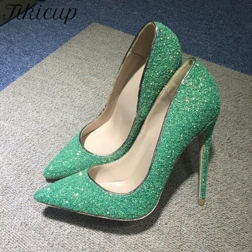 Tikicup Women Glitter Green Sequined Pointy Toe High Heels Wedding Bridal Bridesmaid Party Shoes Gorgeous Stiletto Pumps 33-45