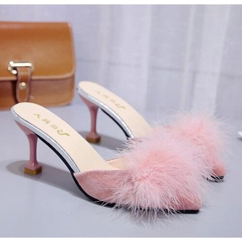 Large size 34-40 ladies slippers summer new sexy temperament pointed suede tassels Baotou half drag high heels