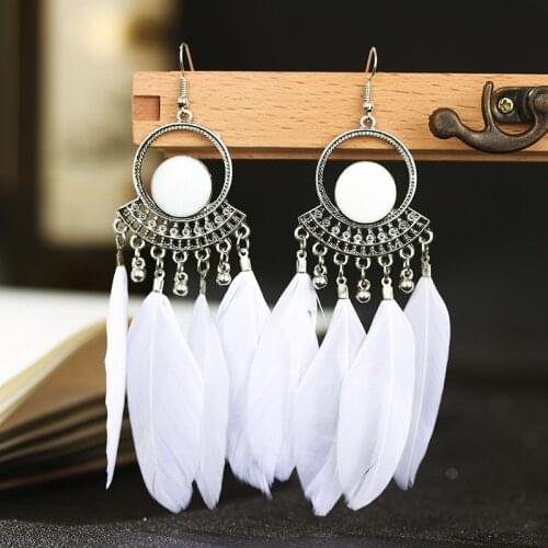 Retro Women Alloy Drip Oil White Feather Earrings Boho Ethnic Silver Color Tassel Earring Danglers Simple Hollow Bohemia Jewelry