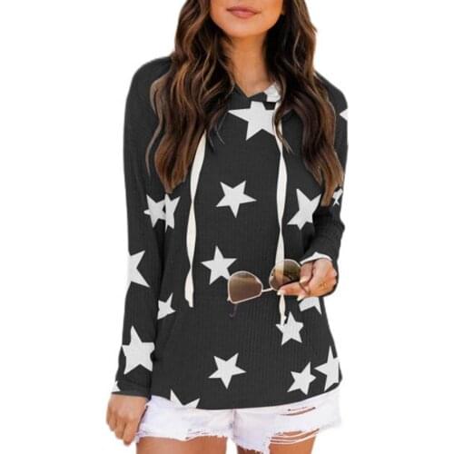 Women Pullover Sweatshirt Five-Pointed Star Print 2021 Autumn Winter Sportswear Hooded Large Pocket Drawstring Loose Hoodies Top