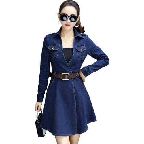 Autumn Women Denim Dresses Sexy Slim A-line Party Dress With Belt Casual Long Sleeve Large Size Vintage Jeans Vestidos L272
