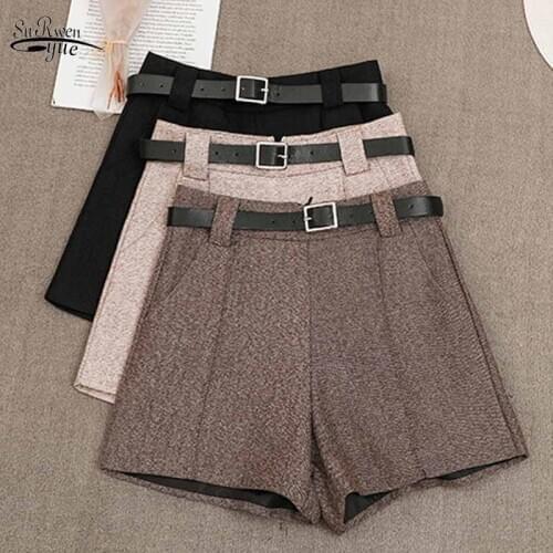 Winter High Waist Slim A-line Woolen Cloth Shorts Women 2021 New Fashion Casual Shorts Wide Leg Pants Shorts with Belt 11613