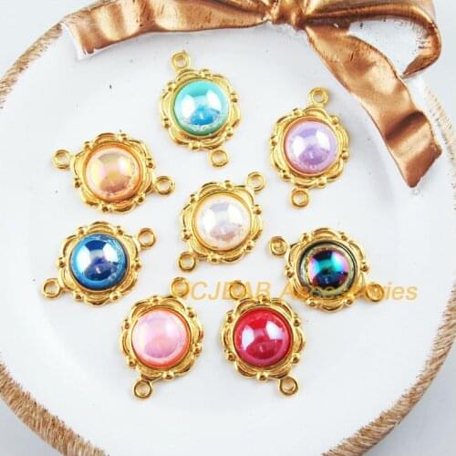 16Pcs Gold Plated Flower Retro Round Mixed Acrylic Charms Connectors 15x23mm
