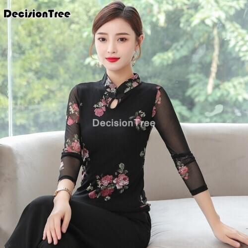 2021 print qipao elegant blusa vintage cheongsam top ladies traditional chinese womens shirt chinese style cheongsam top