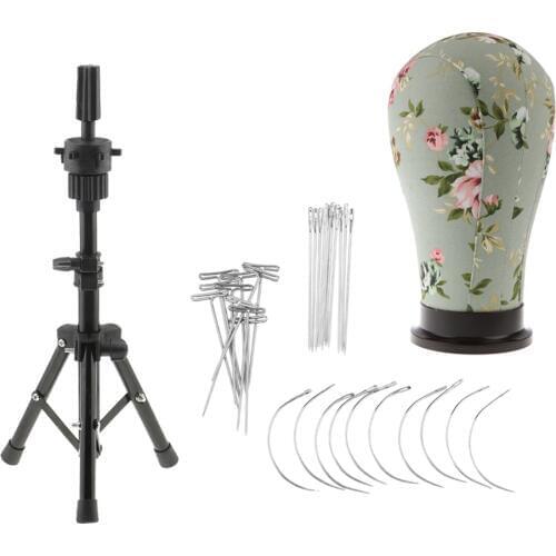 21inch Wig Making Cork Canvas Block Mannequin Head with Black Adjustable Stand Tripod Holder and C/I/T Pins Needles Set