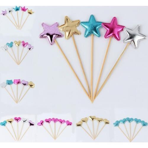 25pcs Handmade Glossy Star Heart Crown Cake Toppers Cupcake Party Supplies Birthday Wedding Party Decoration Cake Favor Supplies