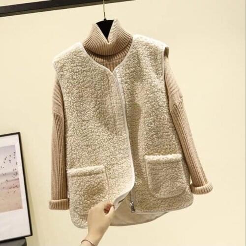 Beige Lady Zipper Fur Furry Plush Vest Women Sleeveless Down Coat Tops Casual Short Outwear Waistcoat Parkas Jacket Coats Cloth