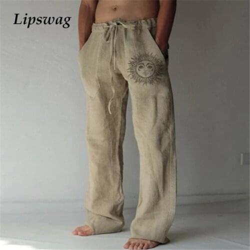 2021 New Casual Mens Cotton Linen Pants Vintage Sun Print Loose Straight Pants Fashion Drawstring Mid Waist Pants Men Streetwea