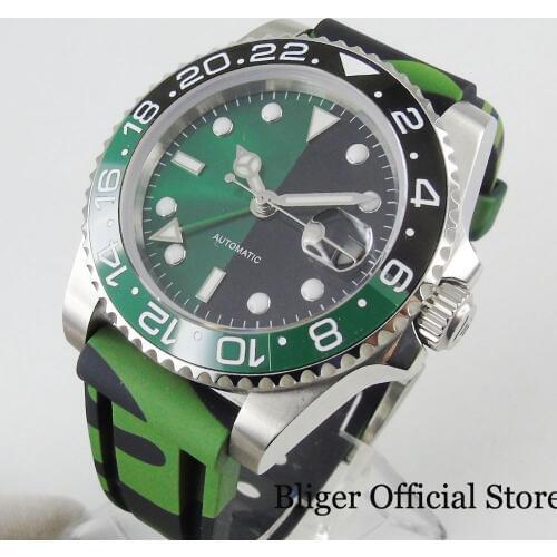 Green Black Automatic GMT Function men Wristwatch Date Fucntion Sapphire Glass Ceramic Rotating Bezel Rubber Strap 40mm