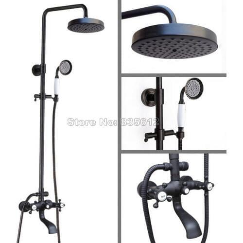 Black Oil Rubbed Bronze Wall Mounted Bathroom Dual Handles Rain Shower Faucet Set With Shower Head Bath Tub Mixer Tap Whg108