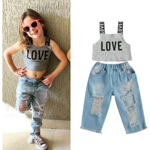FOCUSNORM Fashion Girls Clothes Sets 2pcs 1-6Y LOVE Letter Strap Sleeveless Vest Tops Denim Hole Long Pants Summer Outfits