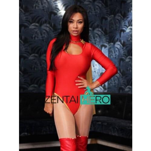 Hot Sexy Womens Superhero Spandex Bodysuits Red Girl Lady Zentai Catsuit Movie Cosplay Giga Leotard With Cape