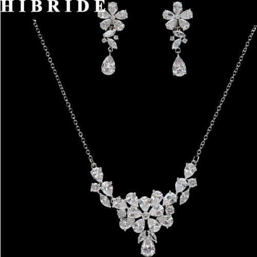 HIBRIDE New Design European Style Long Chain CZ Pendant Necklace Earring Set Women Bridal Jewelry Sets Dress Accessories N-266