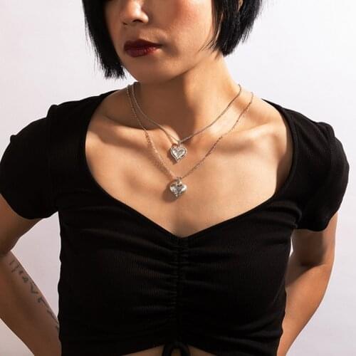 HuangTang 2021 New Double Heart Pendant Necklace for Women Love Printing Rose Choker Necklace Charmings Jewelry Anniversary Gift