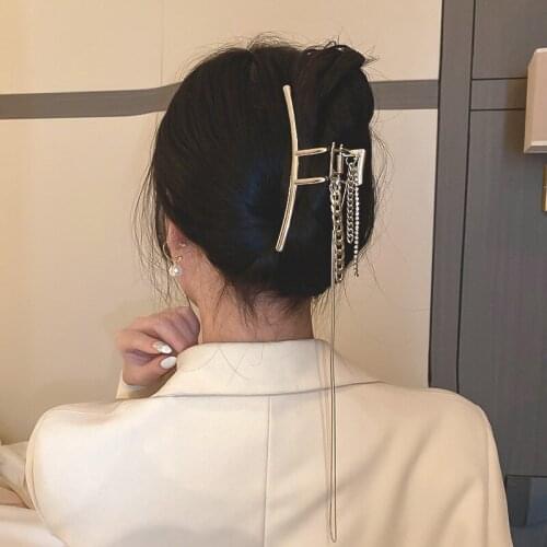 Korean Rhinestone Chain Long Tassel Hollow Hair Claw Hairpin Shark Clip Simple Personality Womens Hair Accessories