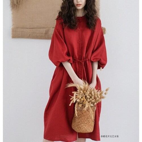 2019 Cotton Suit-dress Dress Red Joker Long Fund Round Neck Chalaza Flax Cardigan Outside The Ride h190604