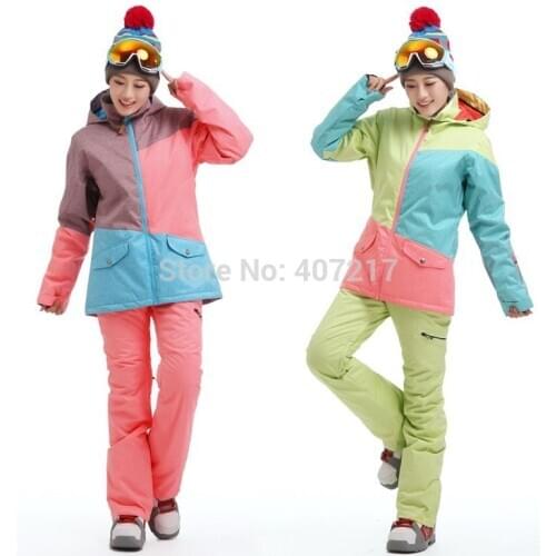 Womens Color Matching Ski Jacket Green Blue Pink Snowboard Skating Hiking Sportswear Female Snow Coat Anorak Skiwear Waterproof