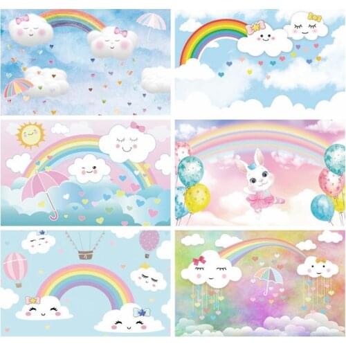 Laeacco Birthday Party Backdrops Sky Clouds Rainbow Stars Balloons Kids Newborn Photography Backgrounds Baby Shower Photocall