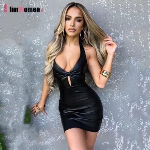 Summer Low Cut Out Sleeveless Halter Sexy Club Dress Women Latex Faux Leather Bodycon Mini Dress Vestidos Brown PU Y2k Dresses