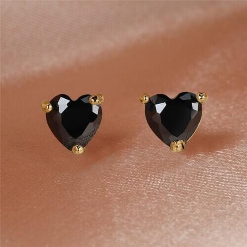 Cute Heart Black Stone Stud Earrings For Women Vintage Fashion Gold/Black/Rose Gold/Silver Color Small Earrings Wedding Jewelry