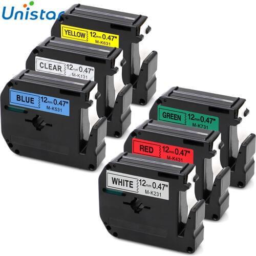 Unistar 6 Pack 12mm M Tape Combo Set Compatible Brother P-touch Label Tape MK131 MK231 MK431 MK531 MK631 MK731 Brother M Tape