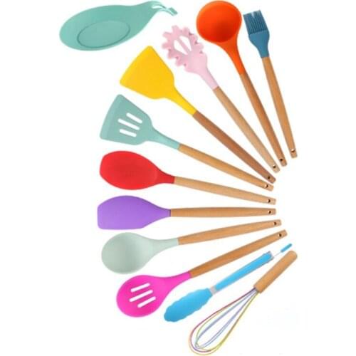Colorful Kitchen Silicone Cooking Utensil Set Non Stick Spatula Wooden Handle
