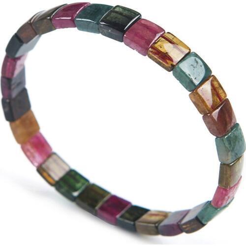 Genuine Natural Crystal Rectangle Beads Colorful Tourmaline Stone Fashion Stretch Bracelet 8*8*4mm